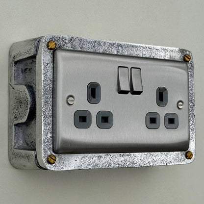 Brushed Steel Double Switched 13A Power Socket Grey Insert 230V 2 Gang 2G Socket Cast Metal Conduit Industrial