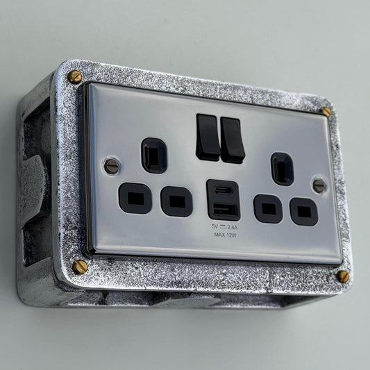 Black Nickel Double Switched 13A Power Socket 230V 13A 2 Gang 2G Solid Cast Metal Conduit Switch Industrial