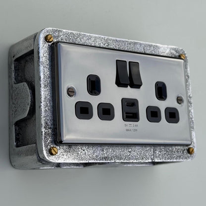 Black Nickel Double Switched 13A Power Socket 230V 13A 2 Gang 2G Solid Cast Metal Conduit Switch Industrial