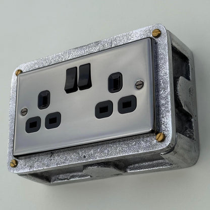 Black Nickel Double Switched 13A Power Socket 230V 13A 2 Gang 2G Solid Cast Metal Conduit Switch Industrial