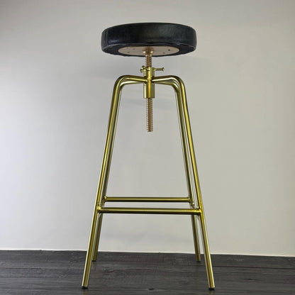 Patinated Brass Industrial Leather Bar Stool | Vintage Style | Solid Cast Metal | Floor Standing