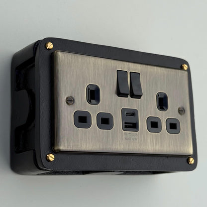 Antique Brass Double Gang Plug Socket with Industrial Black Cast Back Conduit Box