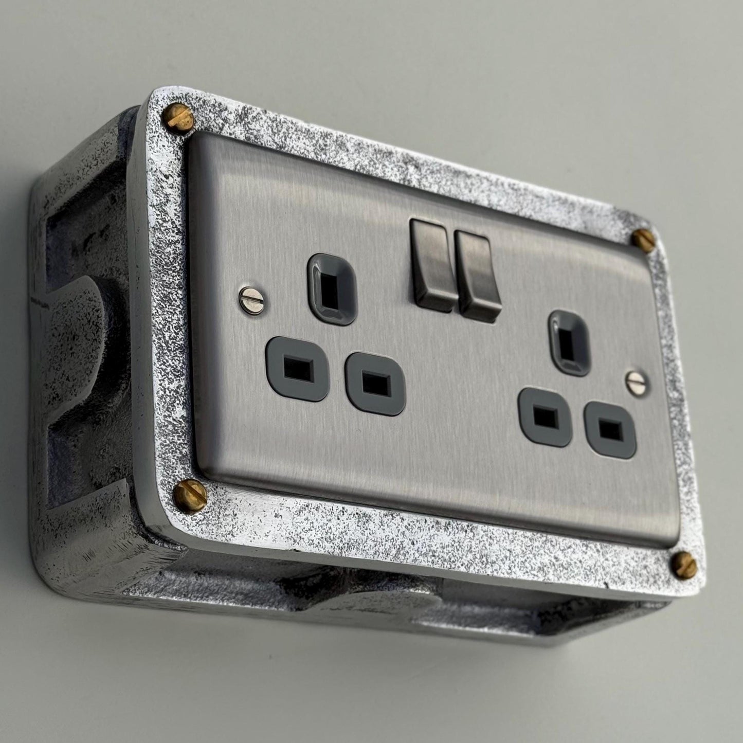 Brushed Steel Double Switched 13A Power Socket Grey Insert 230V 2 Gang 2G Socket Cast Metal Conduit Industrial