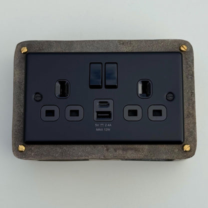 Matt Black Double Gang Plug Socket with Industrial Antique Brass Back Conduit Box