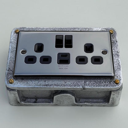 Black Nickel Double Switched 13A Power Socket 230V 13A 2 Gang 2G Solid Cast Metal Conduit Switch Industrial