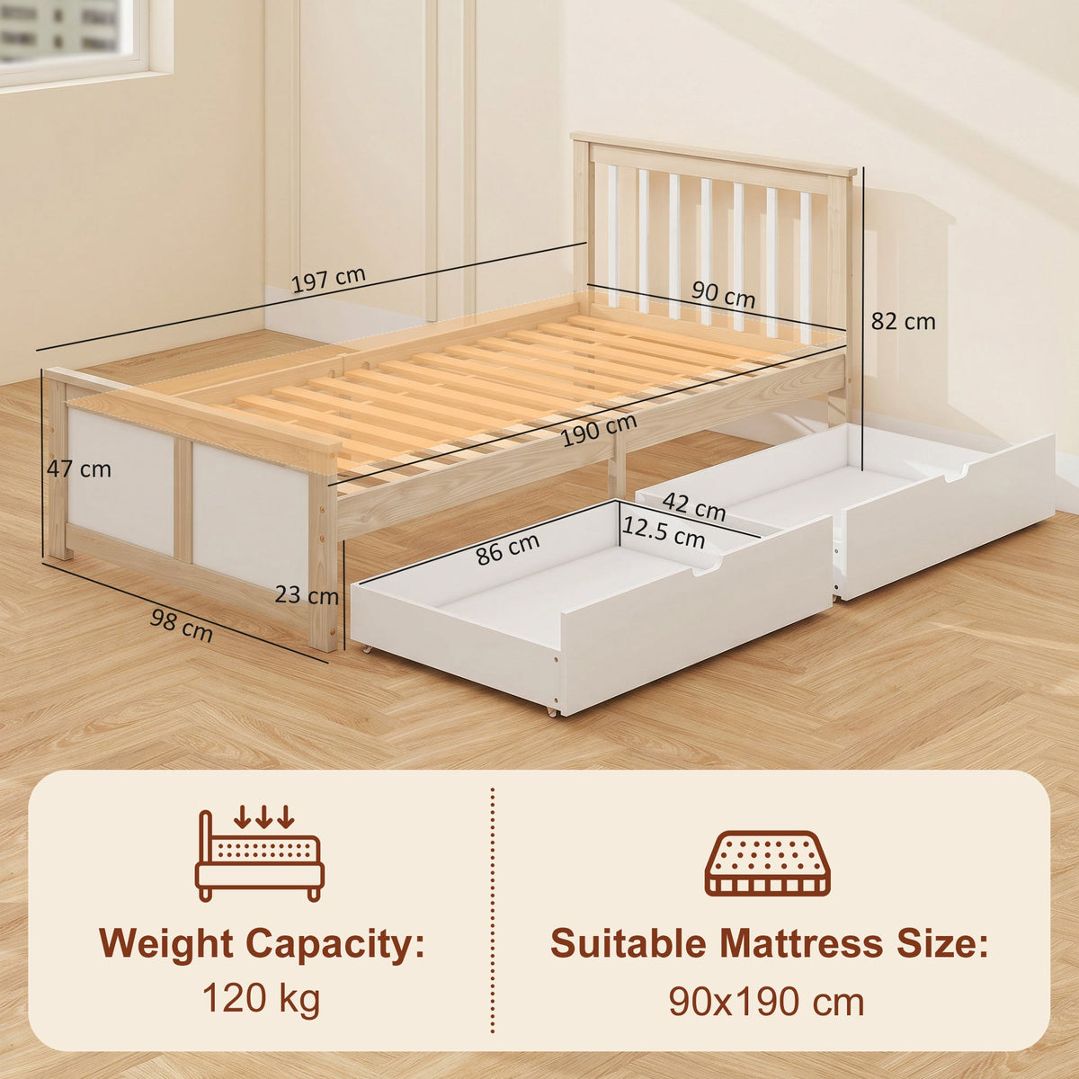 HOMCOM Pine Storage Bed, 3ft Single Solid Wooden Bed Frame with Drawers, Headboard, Wood Slat Support, Natural Wood Finish