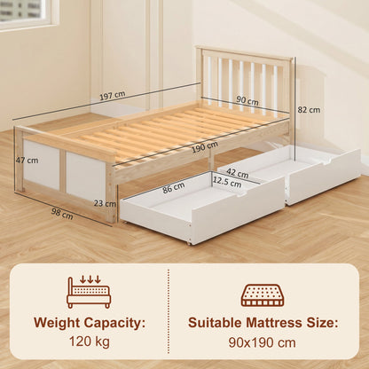 HOMCOM Pine Storage Bed, 3ft Single Solid Wooden Bed Frame with Drawers, Headboard, Wood Slat Support, Natural Wood Finish