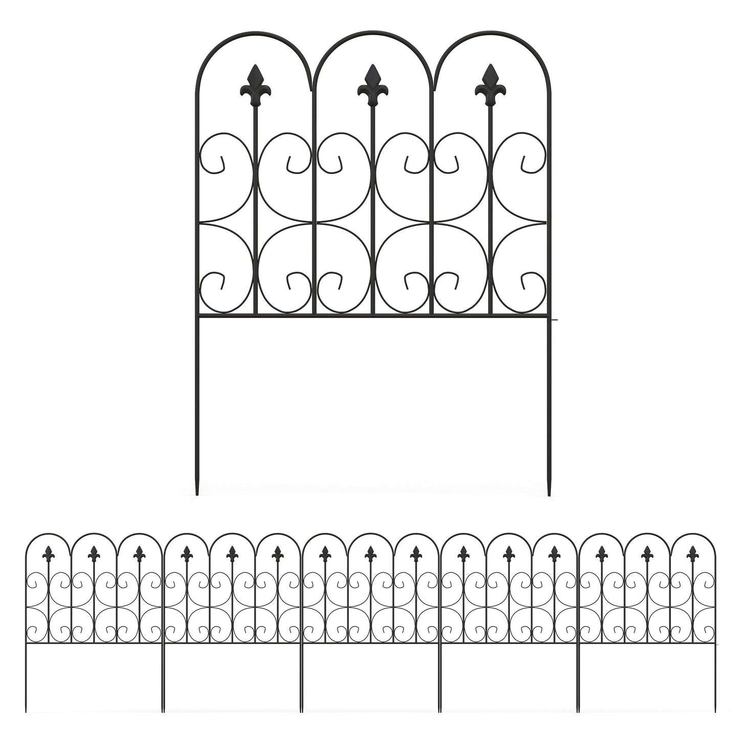 Outsunny Decorative Garden Fencing, 5PCs Outdoor Picket Fence Panels, Rustproof Metal Wire Landscape Flower Bed Border Edging Animal Barrier, Black