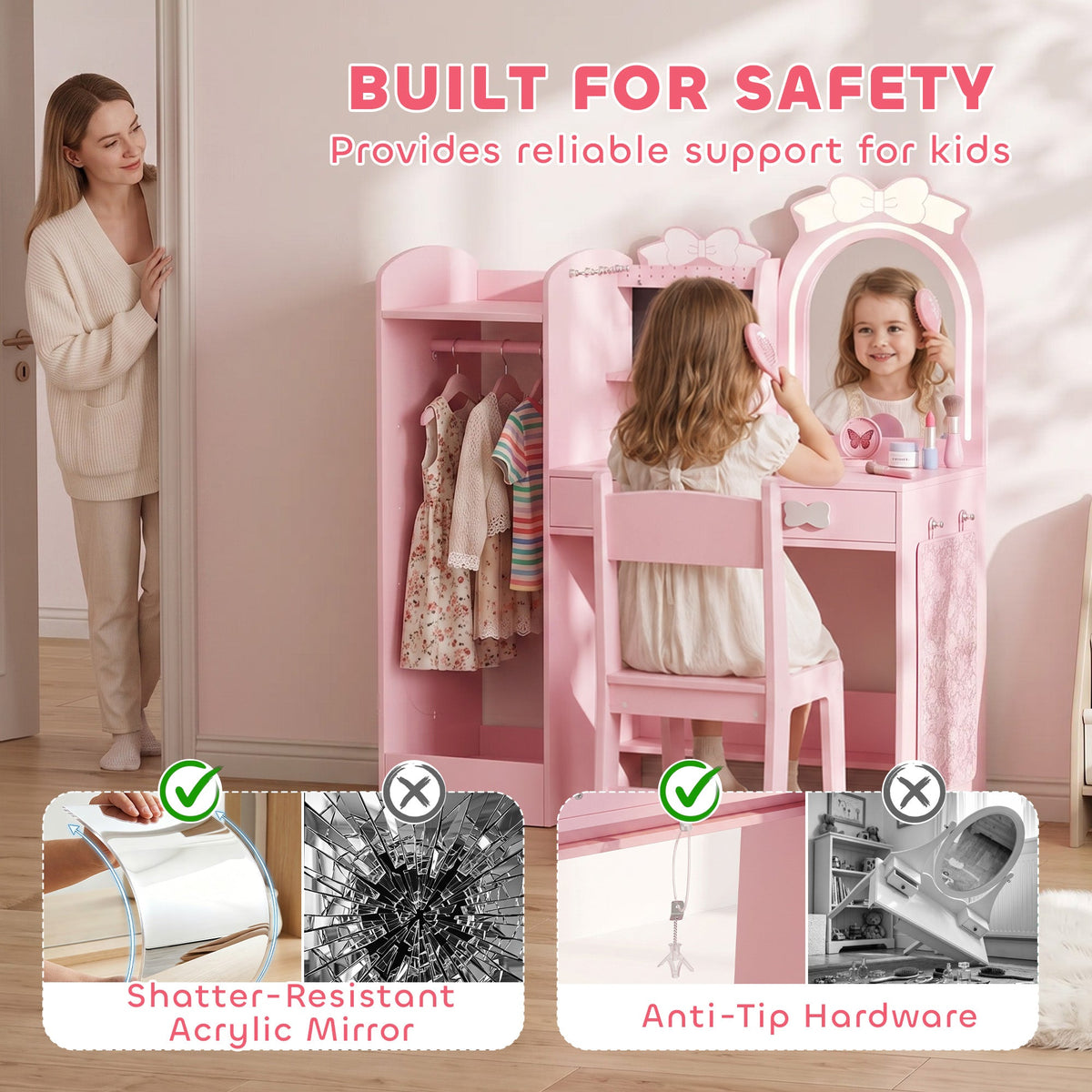 AIYAPLAY Kids Dressing Table, 3-in-1 Kids Vanity Set with Stool, 2-Colour Lights Mirror, Clothes Rack for Ages 3-8, Pink