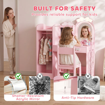 AIYAPLAY Kids Dressing Table, 3-in-1 Kids Vanity Set with Stool, 2-Colour Lights Mirror, Clothes Rack for Ages 3-8, Pink