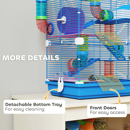 PawHut 5 Tier Hamster Cage Carrier Habitat w/ Exercise Wheels, Tunnel, Blue
