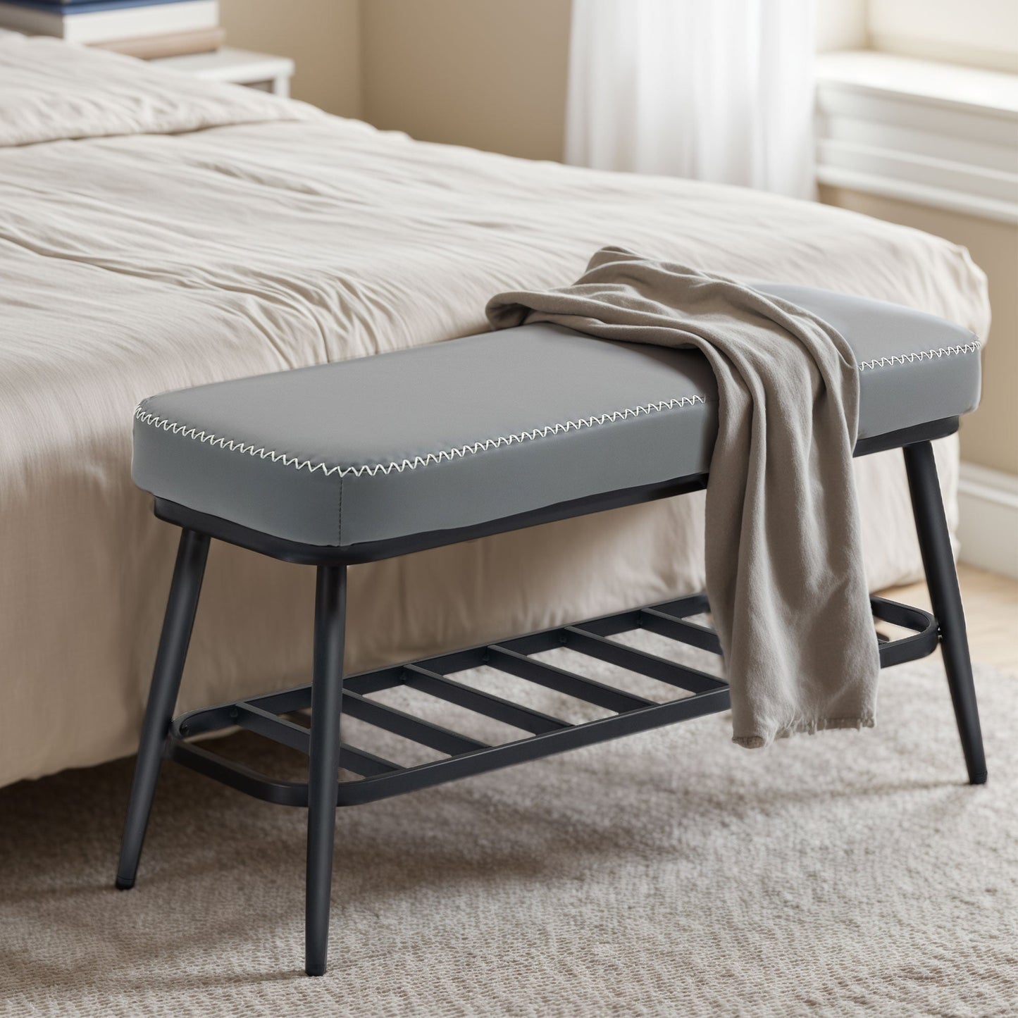 HOMCOM PU Leather Shoe Storage Bench - Grey