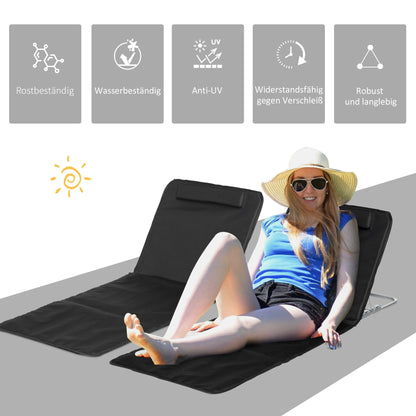 Outsunny Set of 2 Foldable Garden Beach Chair Mat, Lightweight Outdoor Sun Lounger Seats with Adjustable Back, Metal Frame, PE Fabric Head Pillow and Carry Bag, Cream White