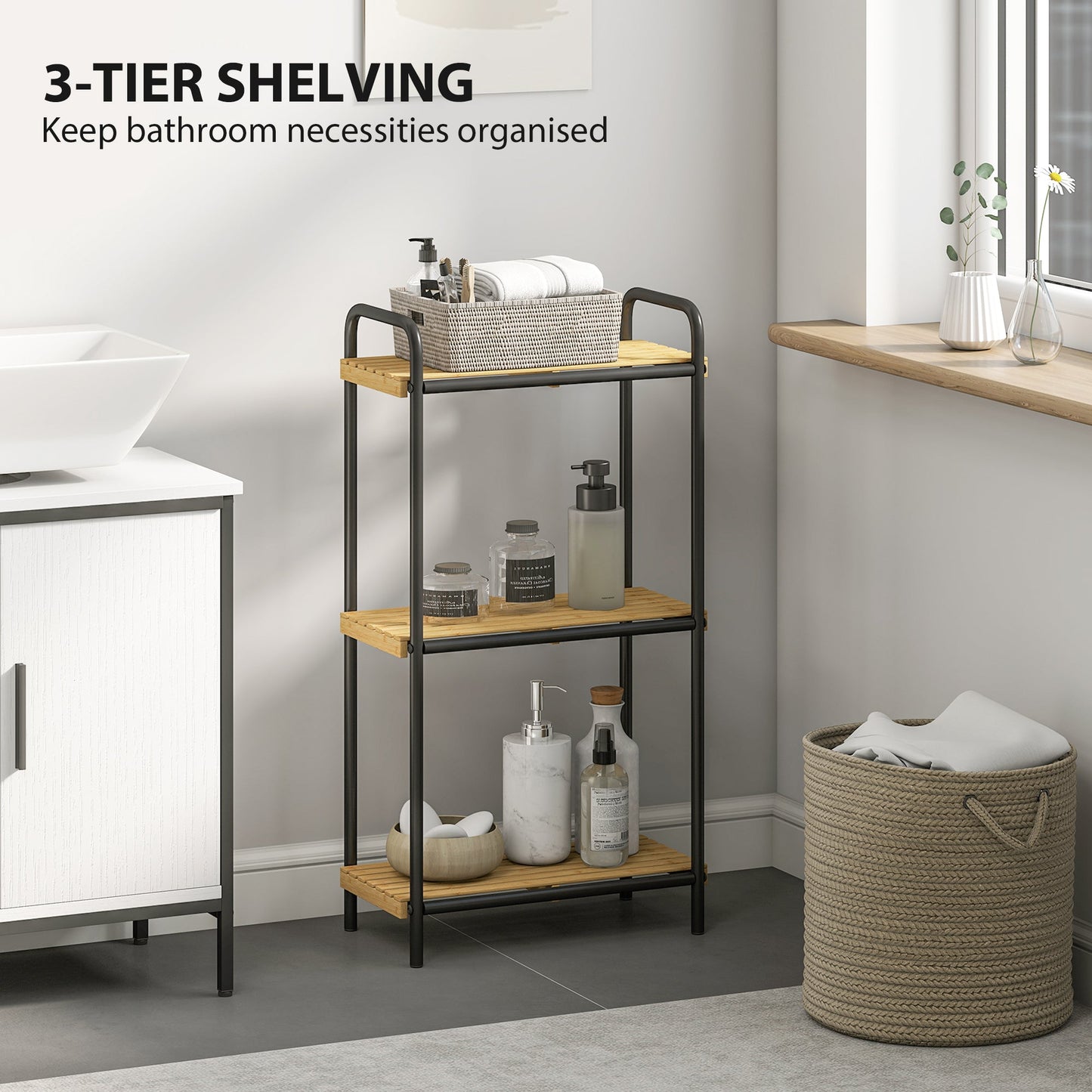 HOMCOM 3-Tier Bamboo Bathroom Storage Shelf, Freestanding Narrow Shelving Unit with Slatted Shelves for Kitchen Bathroom Living Room, 41.5 x 21.5 x 77.5 cm, Natural and Black