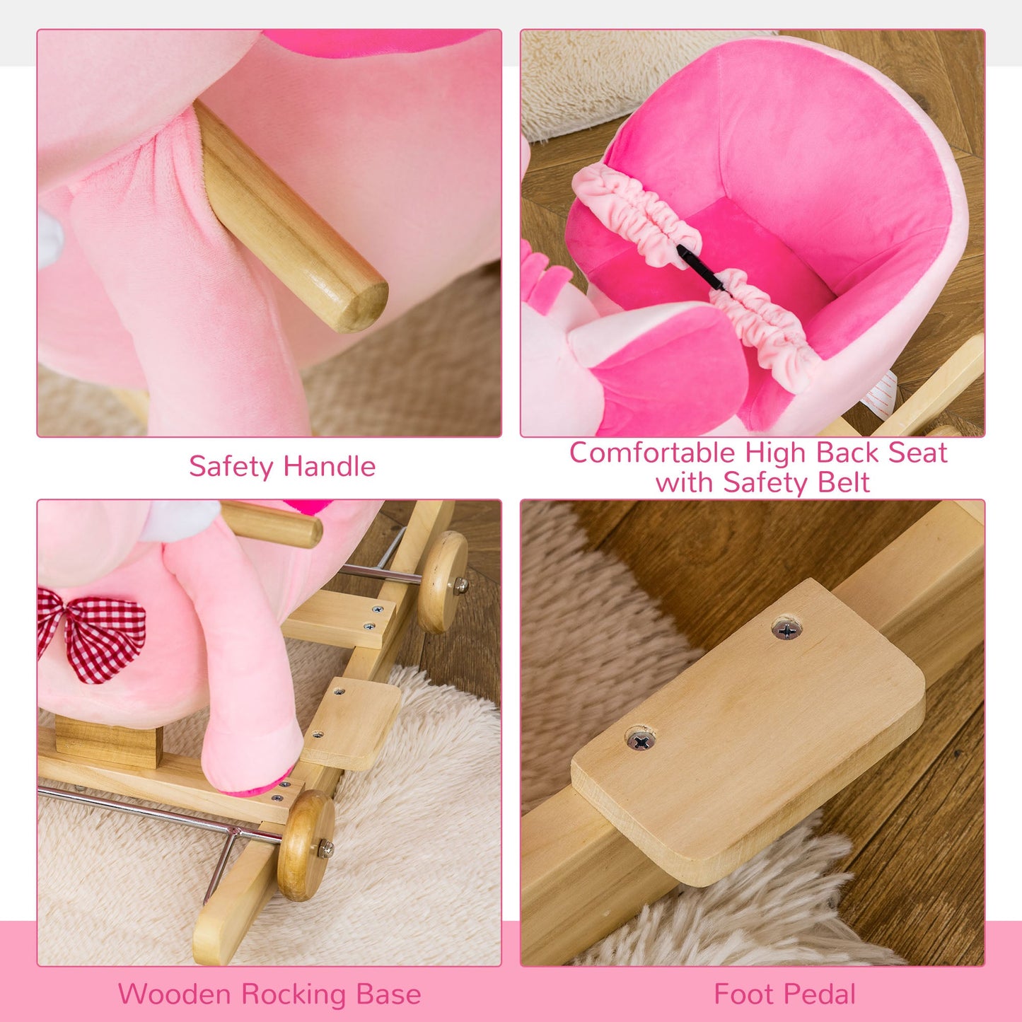 HOMCOM 2 In 1 Plush Baby Ride on Rocking Horse Elephant Rocker with Wheels Wooden Toy for Kids 32 Songs for 18+ Months (Pink)