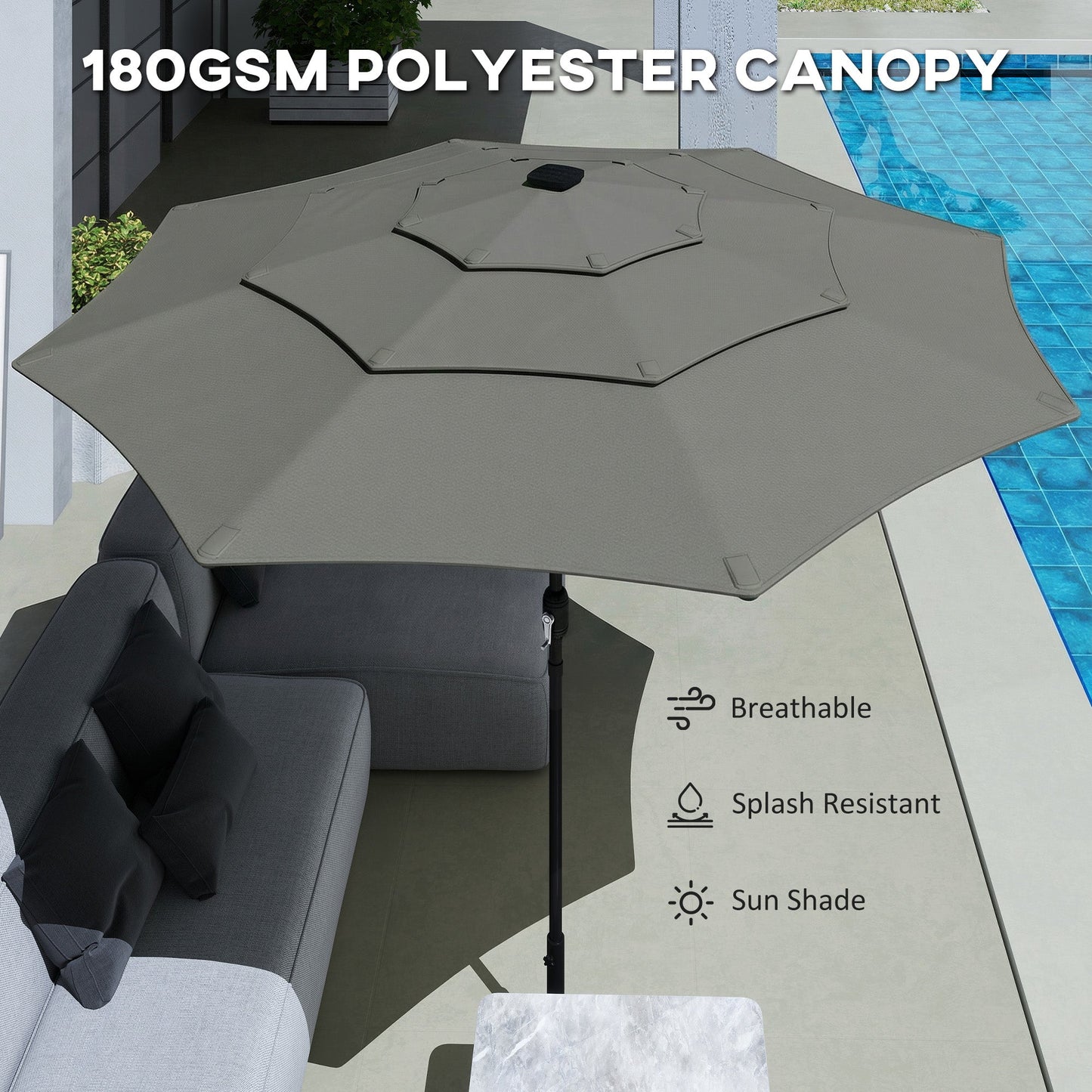 Outsunny Garden Parasol, Parasol Umbrella with 3-tier Roof, Crank Handle, Tilt Function, Polyester Canopy, Grey