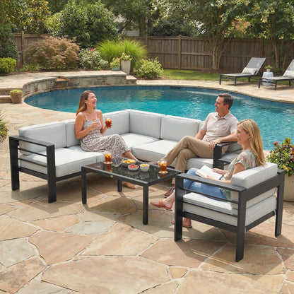 Outsunny 5-Piece Garden Corner Sofa Set with Cushions, 6 Seater Aluminium Garden Furniture Set with Coffee Table, Light Grey