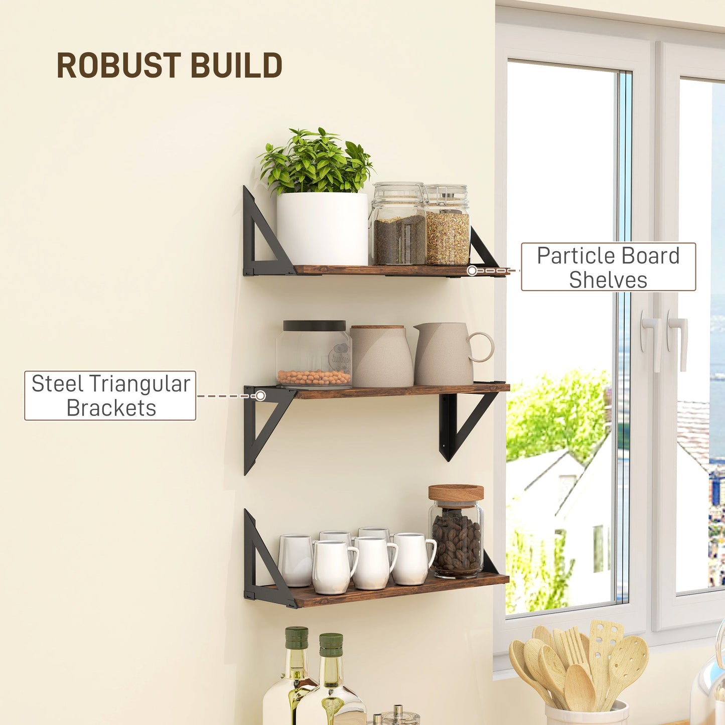 HOMCOM Set of 3 Wall Shelves, Vintage Wall Mounted Floating Shelves for Living Room, Entryway, Bedroom, Rustic Brown