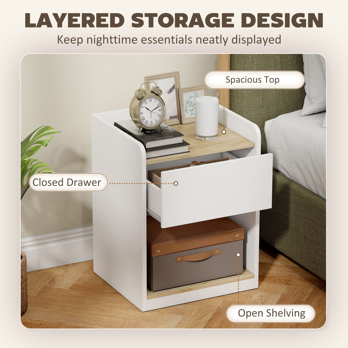 HOMCOM Modern Bedside Table, Slim Nightstand with Drawer, Shelf and Cable Holes, White and Oak