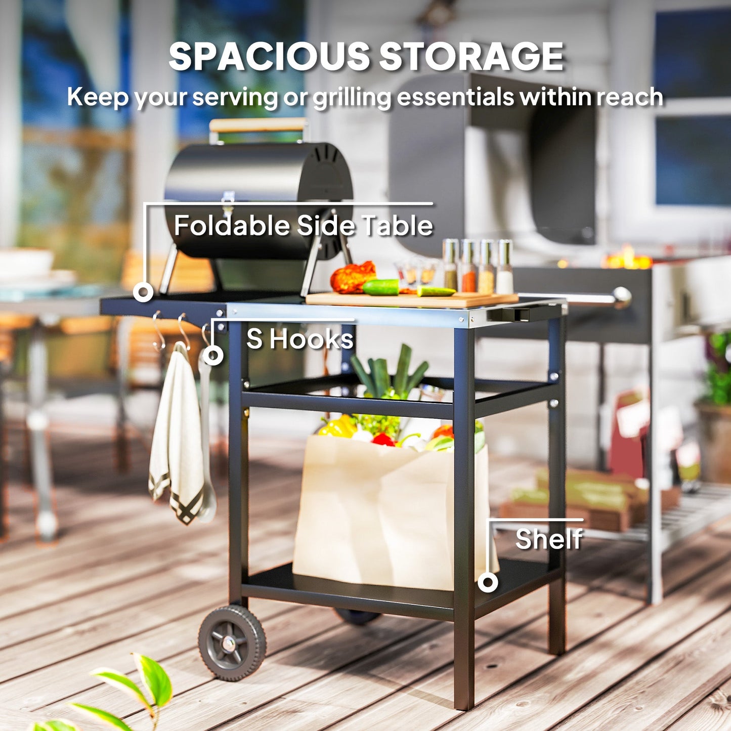 Outsunny BBQ Trolley with Stainless Steel Top and Foldable Side Table, Outdoor Kitchen BBQ Station with Hooks and Shelf, Pizza Oven Table Movable Outdoor Grill Dining Cart with Cover, Black