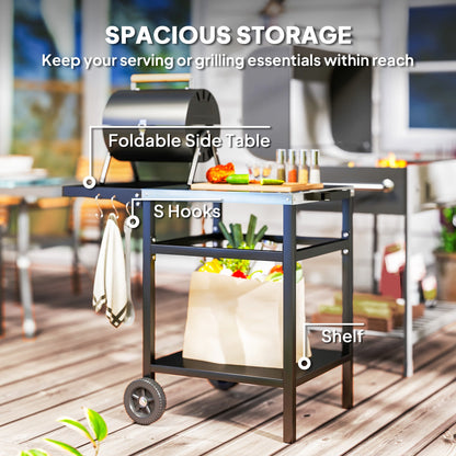 Outsunny BBQ Trolley with Stainless Steel Top and Foldable Side Table, Outdoor Kitchen BBQ Station with Hooks and Shelf, Pizza Oven Table Movable Outdoor Grill Dining Cart with Cover, Black