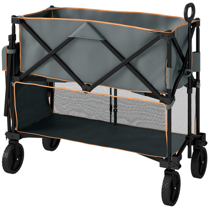 Outsunny Double Decker Folding Trolley on Wheels, 200KG & 350L Capacity Collapsible Wagon Festival Trolley Cart with 134cm Extended for Camping Sports Shopping Garden and Beach, Grey