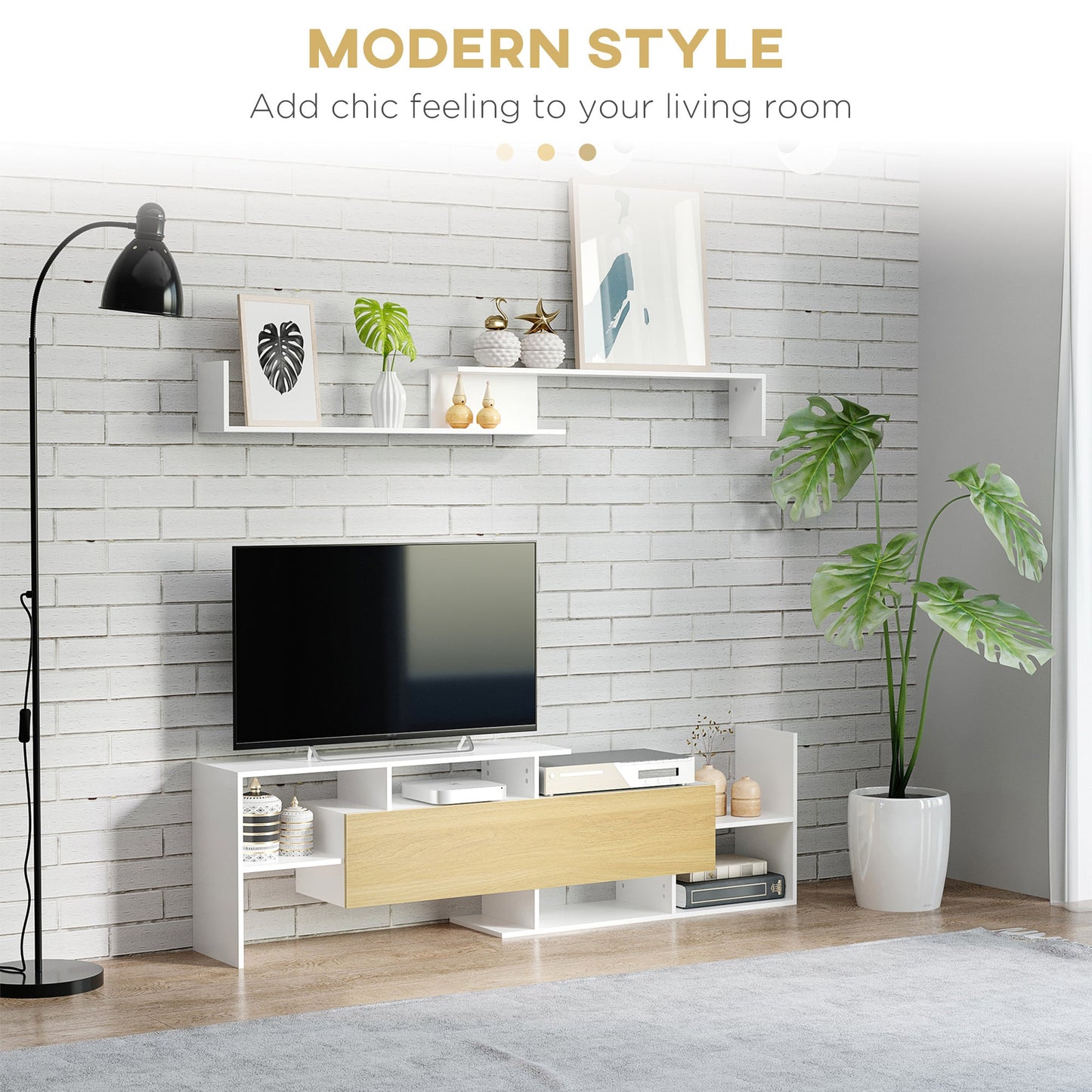 HOMCOM TV Cabinet with Wall Shelf for Wall-Mounted 65" TVs or Standing 40" TVs - White and Natural
