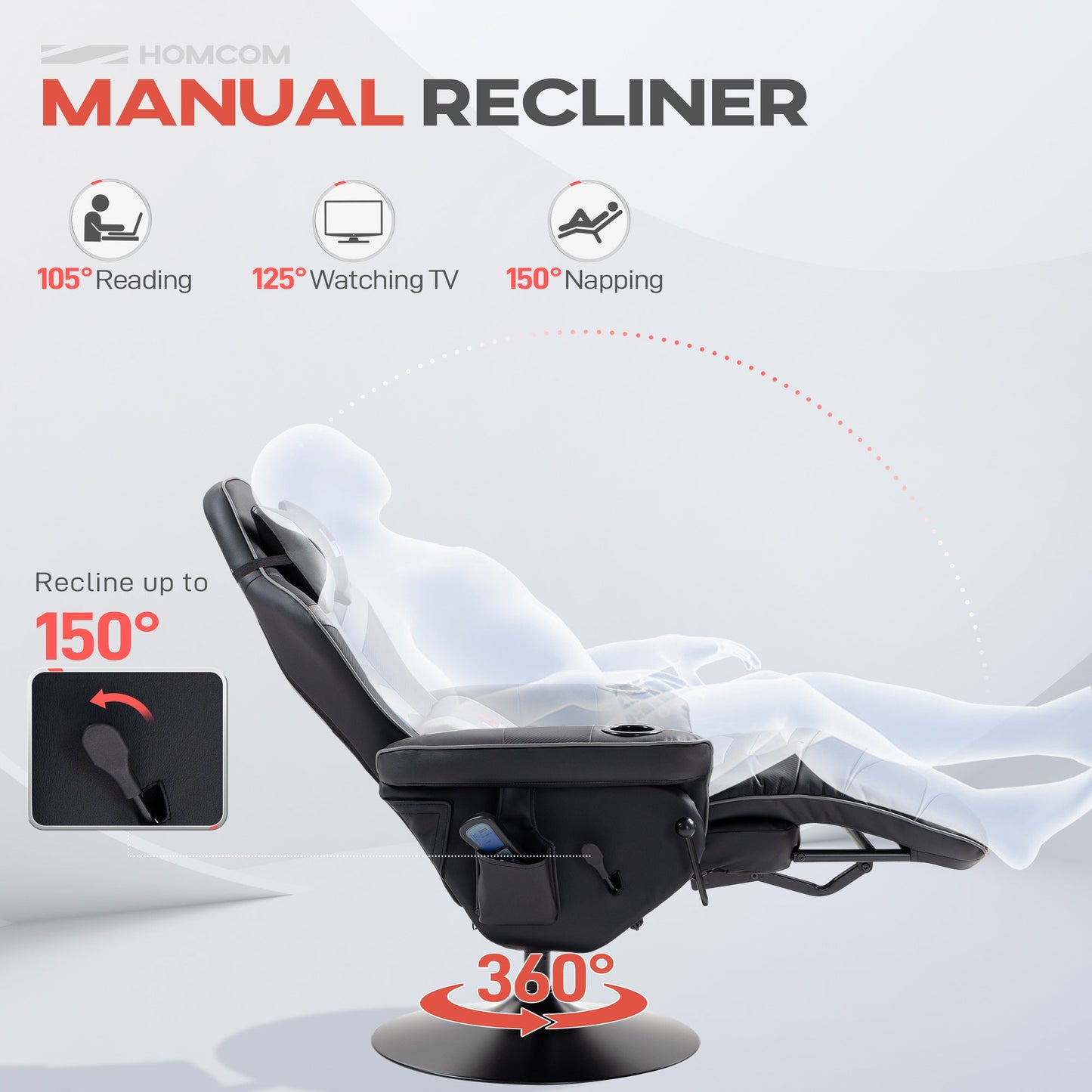 HOMCOM Massage Recliner Chair with Remote, PU Leather Recliner Armchair with Cup Holders and Side Pockets, Racing Style Reclining Chair with Headrest, 360° Swivel, Lumbar Support, Grey