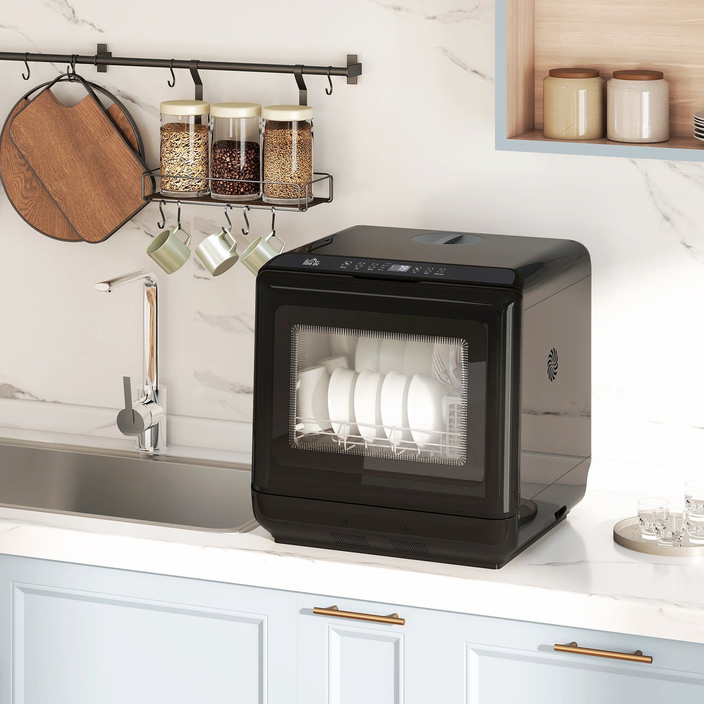 HOMCOM Table Top Dishwasher, Mini Countertop Dishwasher with Built-in 6L Water Tank, 6 Programs, Touch Control, LED Display, 4 Place Settings, Dual Water Supply and Air Drying Function, White