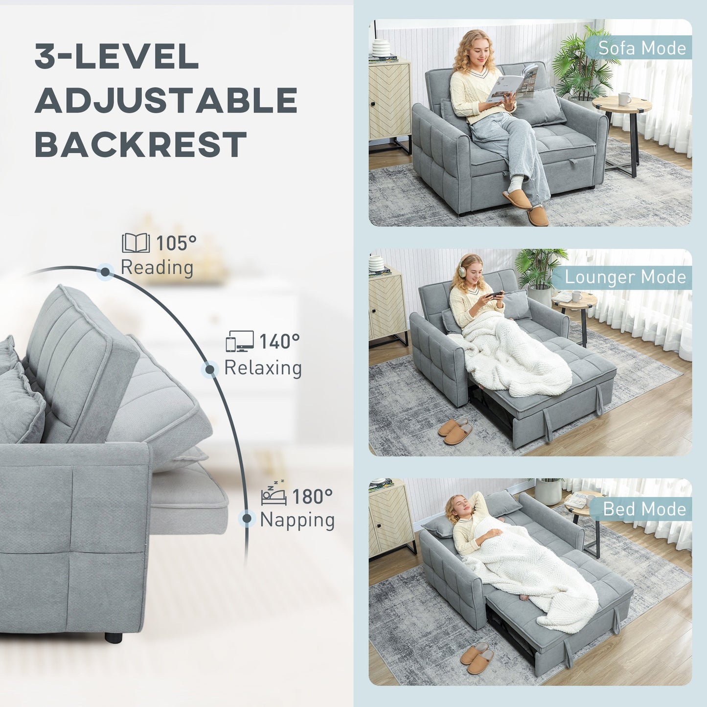 HOMCOM 2 Seater Sofa Bed, 3-in-1 Convertible Sleeper Sofa with Click-clack Adjustable Backrest and 2 Pillows, Grey