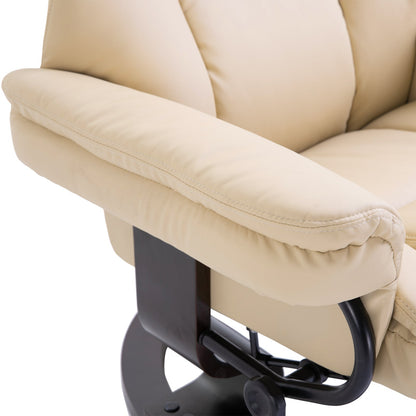 HOMCOM Faux Leather Recliner Chair and Footstool, Swivel Upholstered Armchair and Footstool with Adjustable Backrest, Solid Wood Base for Living Room, Cream