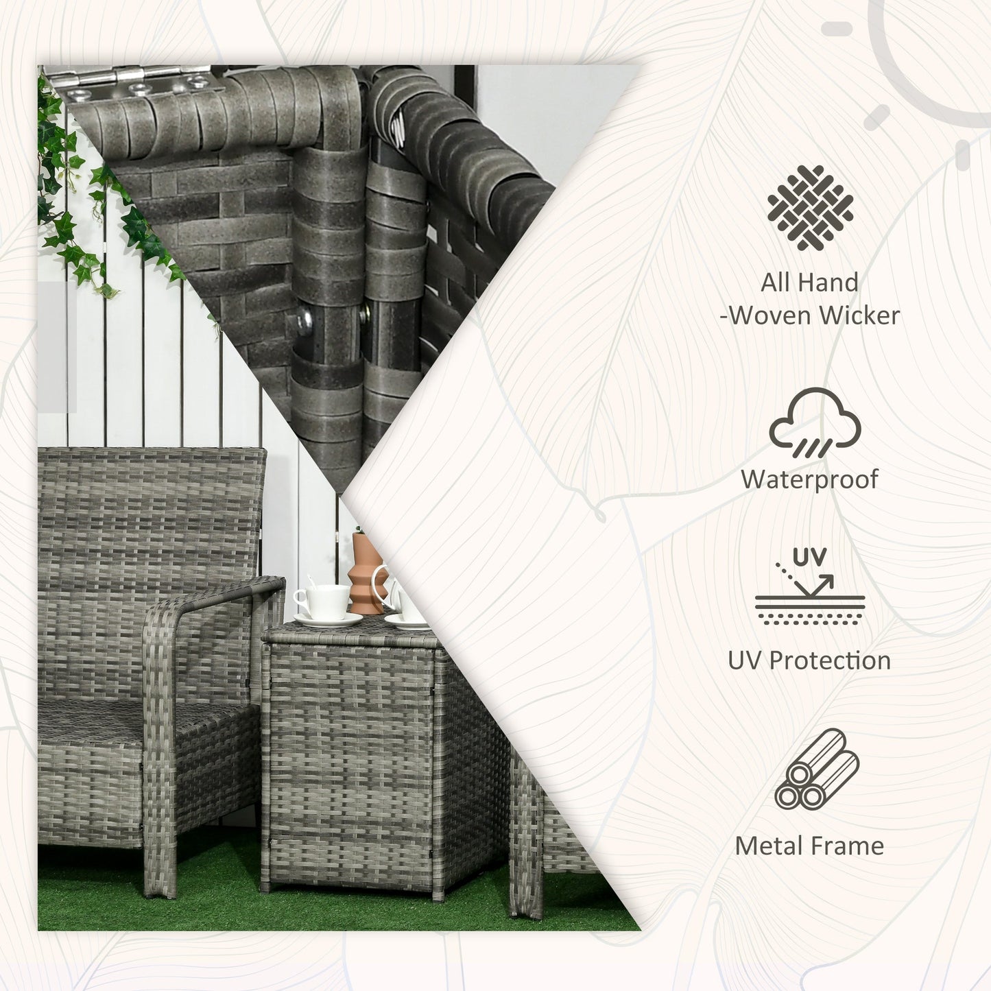 Outsunny 3 Pieces Rattan Bistro Set, Wicker Garden Furniture Set with Storage  Coffee Table and Chairs, Thickened Cushions for Outdoor, Patio, Balcony, Blue