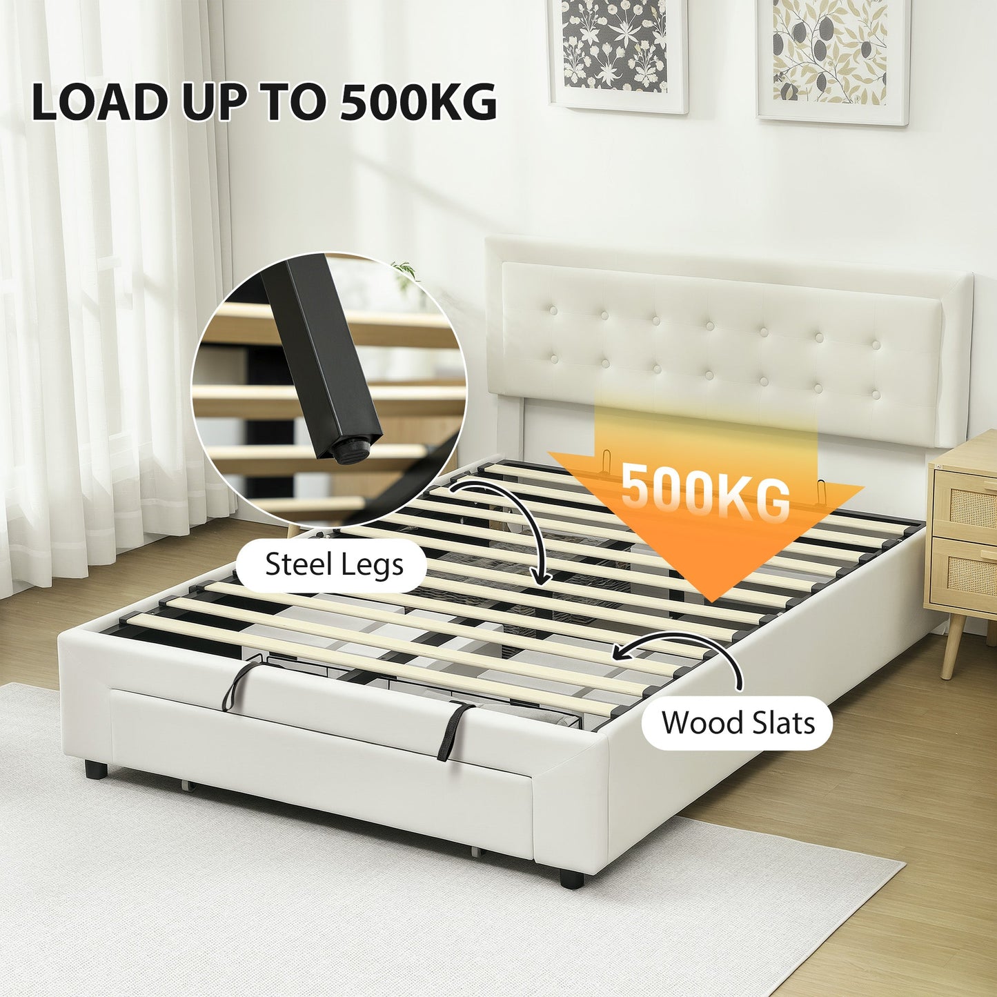 HOMCOM Double Ottoman Bed Frame, with Front Drawer - Cream
