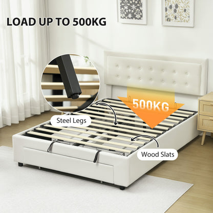 HOMCOM Double Ottoman Bed Frame, with Front Drawer - Cream