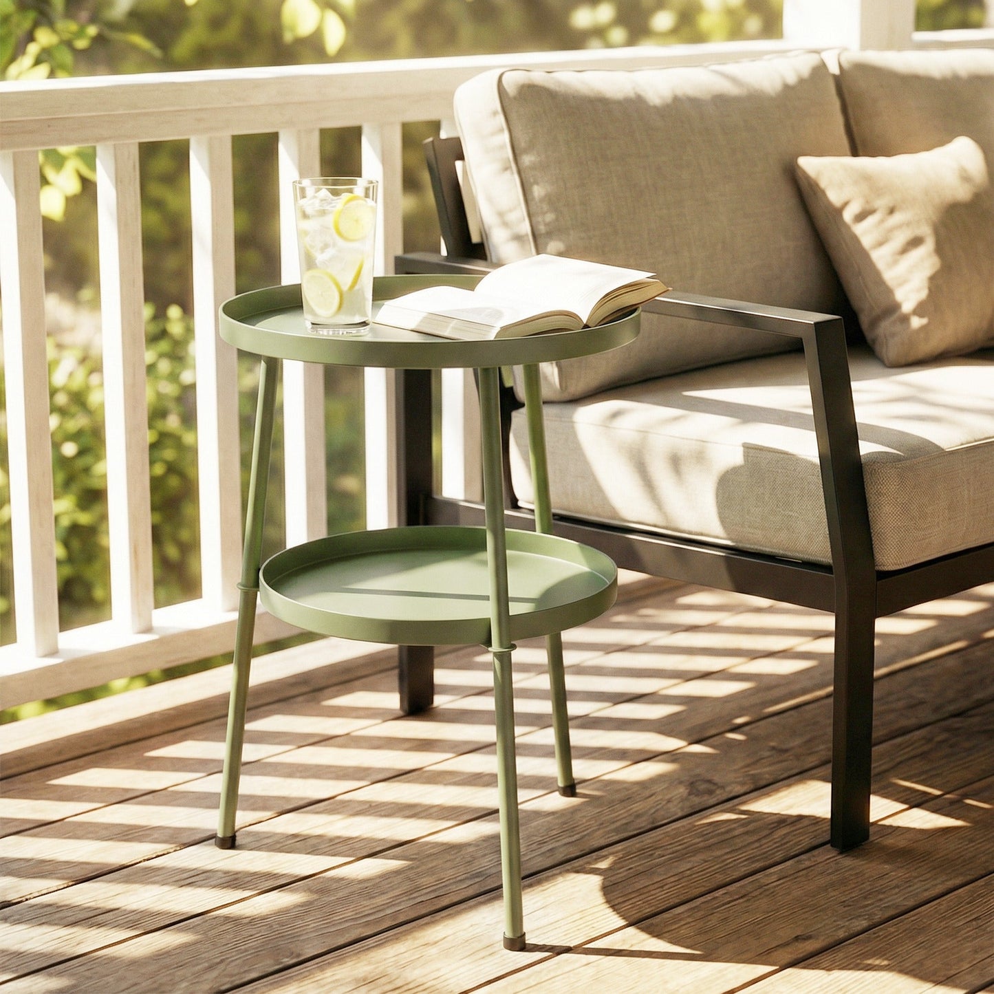 Outsunny Patio Side Table, 2-Tier Round Coffee End Table for Garden Balcony Living Room Bedroom, Light Green