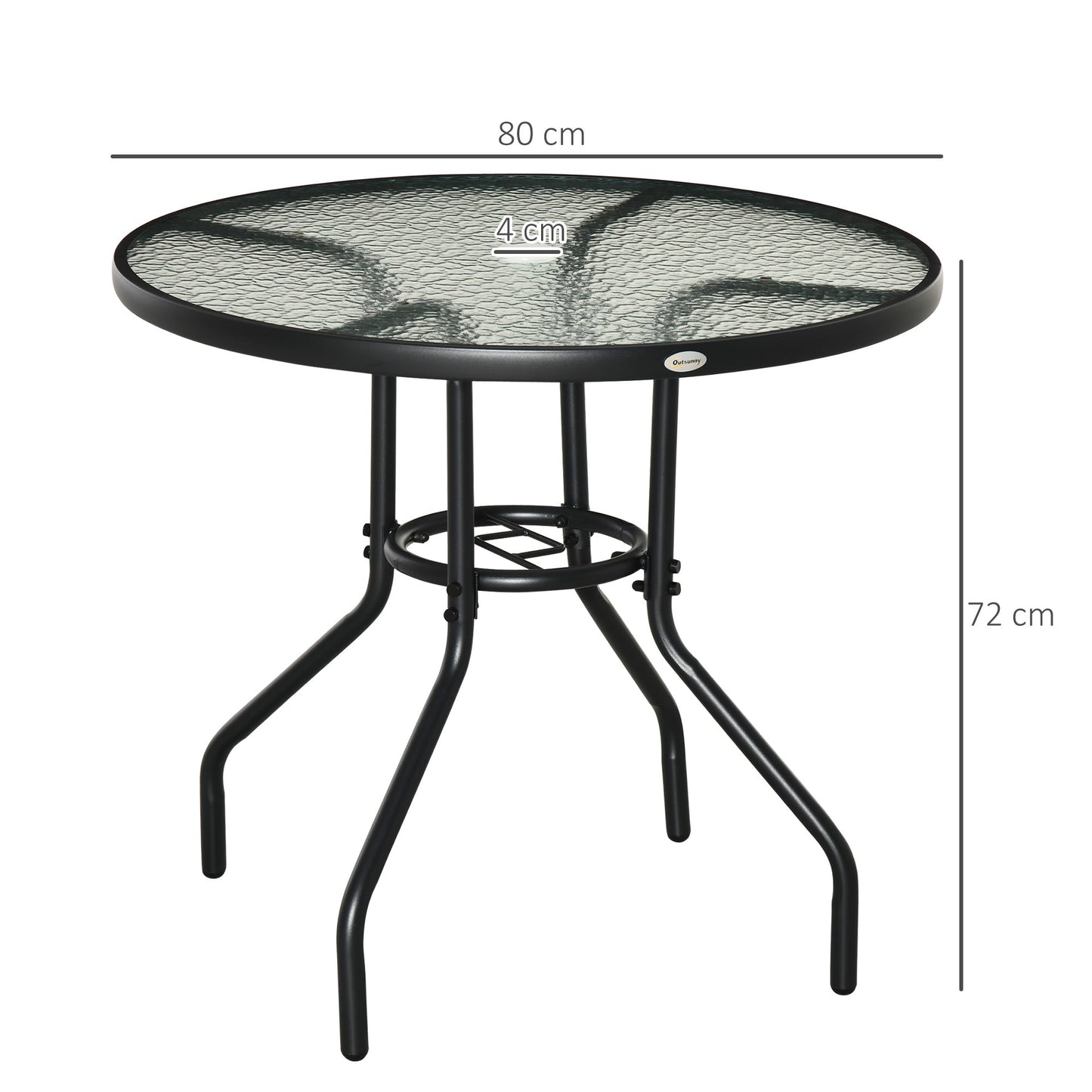 Outsunny Outdoor φ80cm Round Dining Table Tempered Glass Top Steel Frame Bistro Coffee End Side Table Garden w/ Parasol Hole