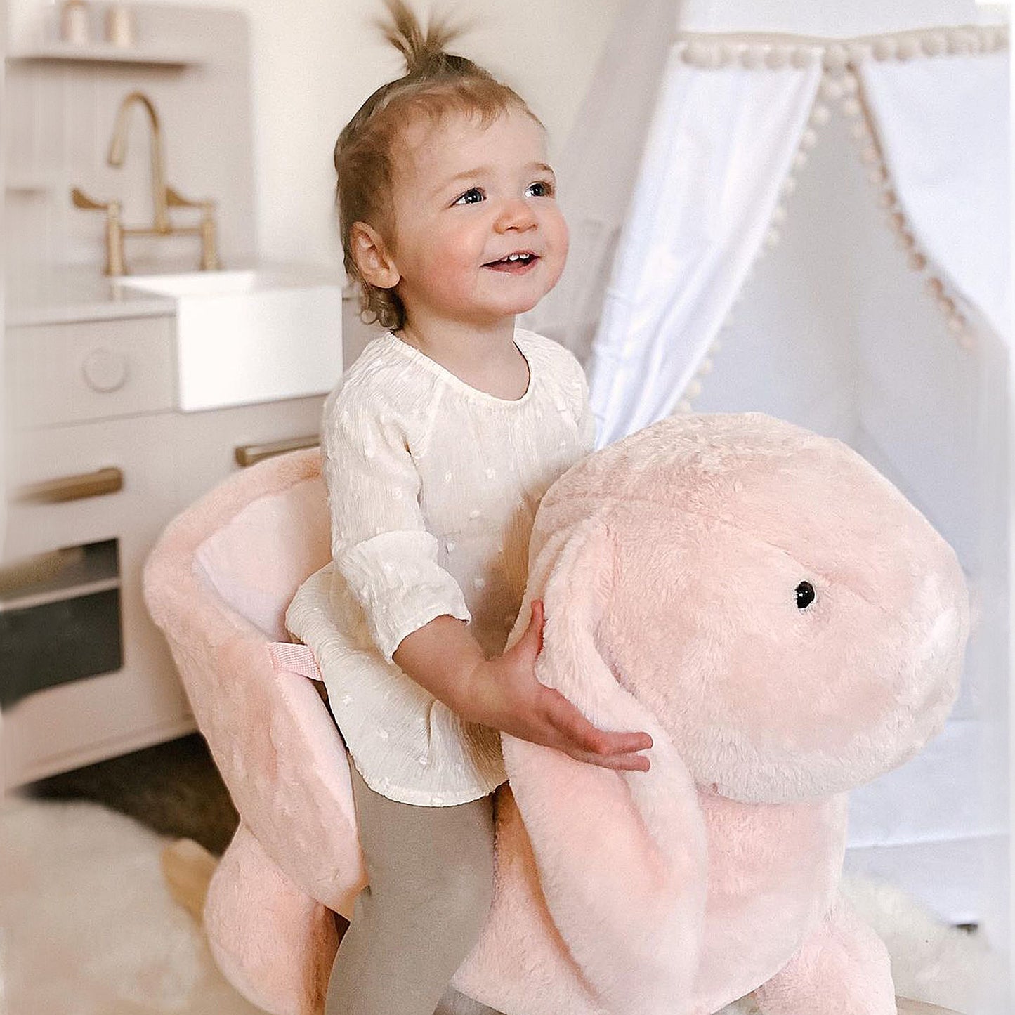HOMCOM Kids Children Rocking Horse Plush Ride On Rabbit Seat w/ Sound Wood Base Seat Safety Belt Toddler Baby Toy Rocker Pink 18 - 36 Months