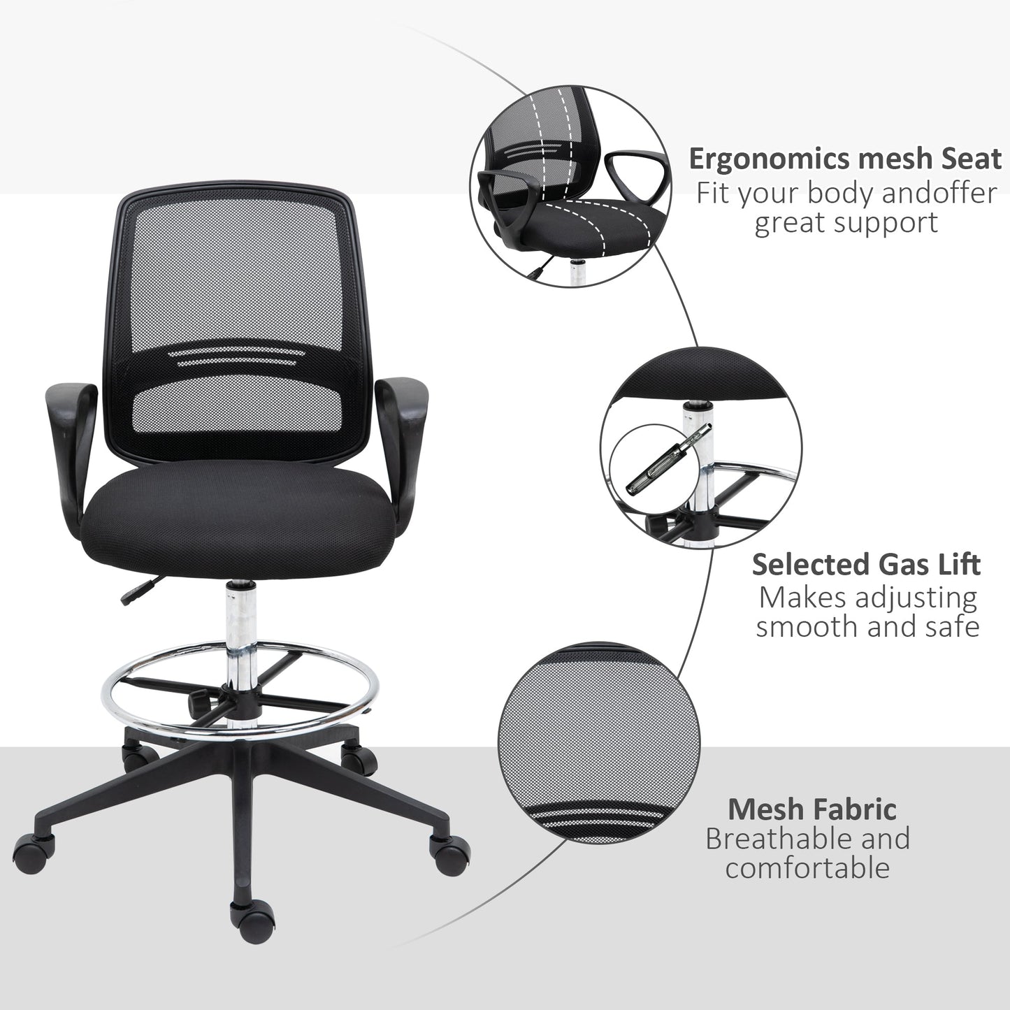 Vinsetto Ergonomic Mesh Back Drafting Chair, Tall Office Chair, Draughtsman Chair with Adjustable Height and Footrest 360\'c2\'b0 Swivel, Set of 5