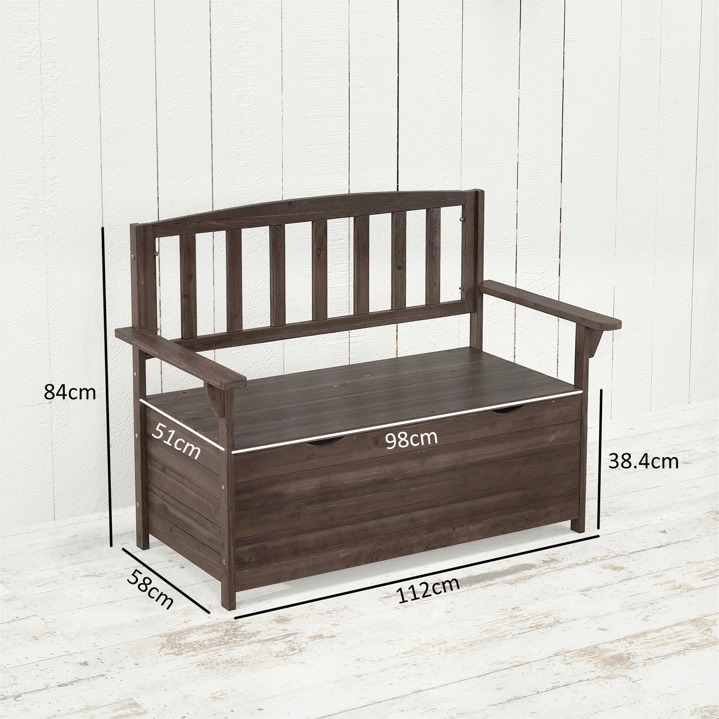 Outsunny Outdoor 2 Seater Garden Bench, Wooden Bench with Storage, Backrest, Arm Rests, 112 x 84 x 58 cm, Brown
