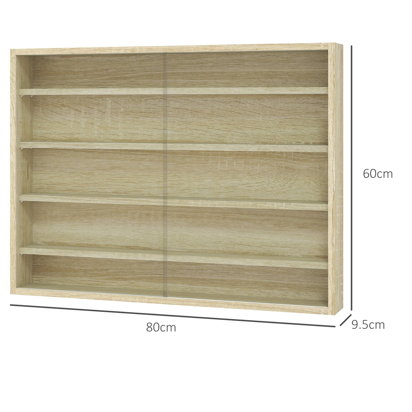 HOMCOM 5-Tier Wall Display Shelf Unit Cabinet w/ 4 Adjustable Shelves Glass Doors Home Office Ornaments 60x80cm Oak
