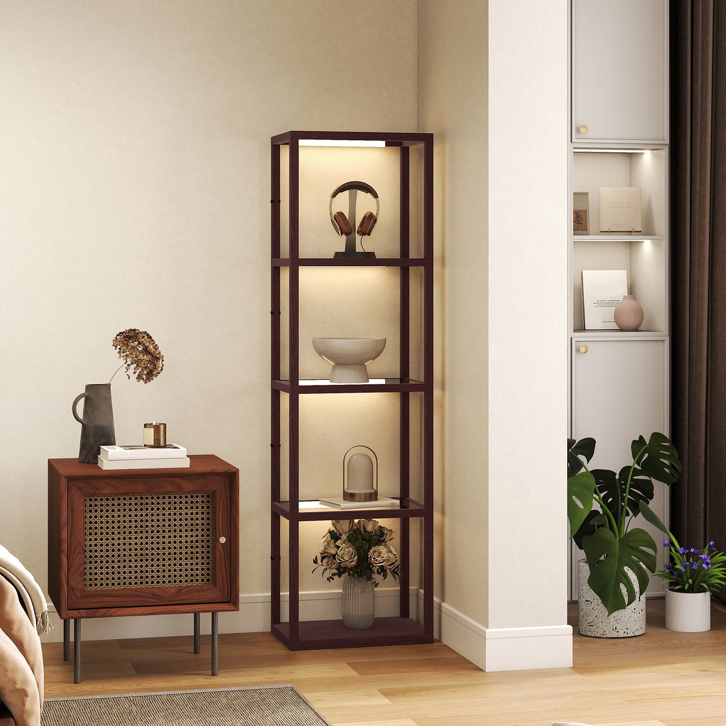 HOMCOM LED Floor Lamp with Glass Shelves, 4 Layers Dimmable Tall Standing Lamp, Modern Column Shelf Floor Light for Living Room, Bedroom, Office, Dark Brown