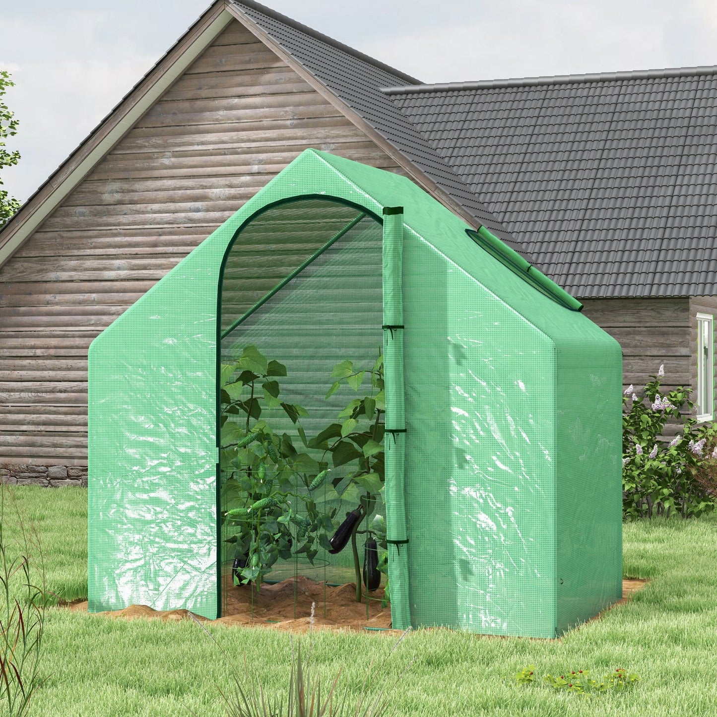 Outsunny Walk In Mini Greenhouse Garden Outdoor Flower Planter Steel Frame w/ Zipped Door & Window, PE Cover, 180 x 100 x 168CM, Green