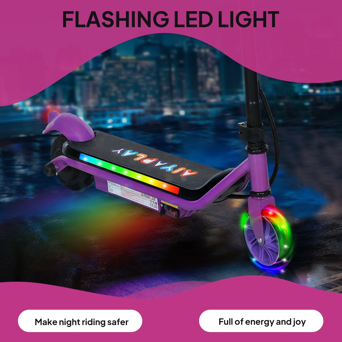AIYAPLAY Electric Scooter for Kids Ages 6-14, with Dual Brakes, Flash Wheel and Colourful Light, Kids Electric Scooter E Scooter, Up to 12 KM/H & 10 KM, Purple