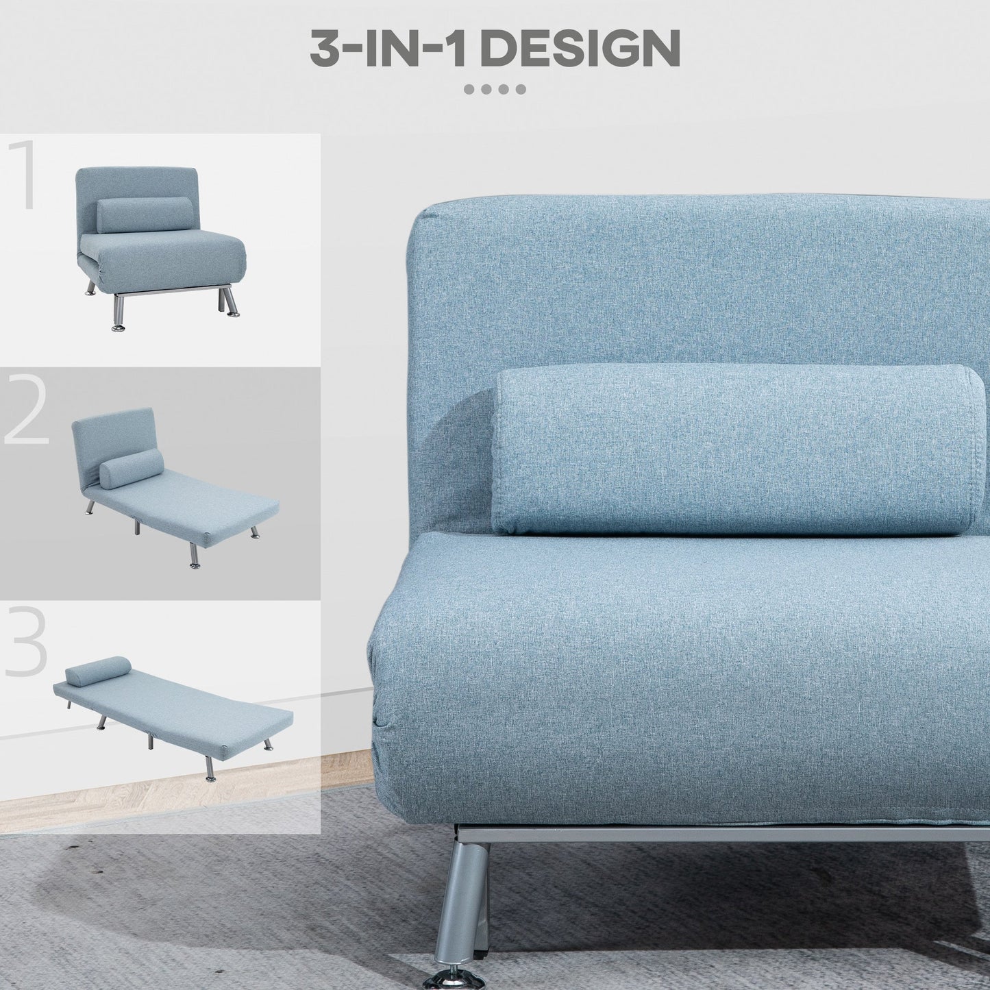 HOMCOM Linen Chair Bed, 3-in-1 Convertible Sleeper Chair with Adjustable Backrest, Pillow, for Living Room, Bedroom, Sky Blue