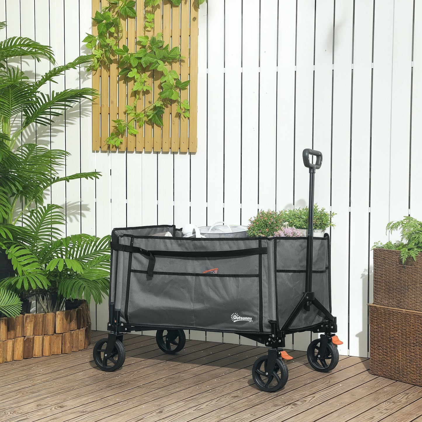 Outsunny Folding Trolley on Wheels, 150L Collapsible Wagon Festival Trolley Cart with Openable Sides, Adjustable Handle and Brakes for Shopping Camping Beach and Garden, Grey