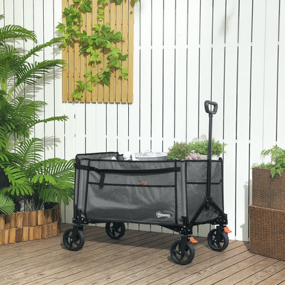 Outsunny Folding Trolley on Wheels, 150L Collapsible Wagon Festival Trolley Cart with Openable Sides, Adjustable Handle and Brakes for Shopping Camping Beach and Garden, Grey