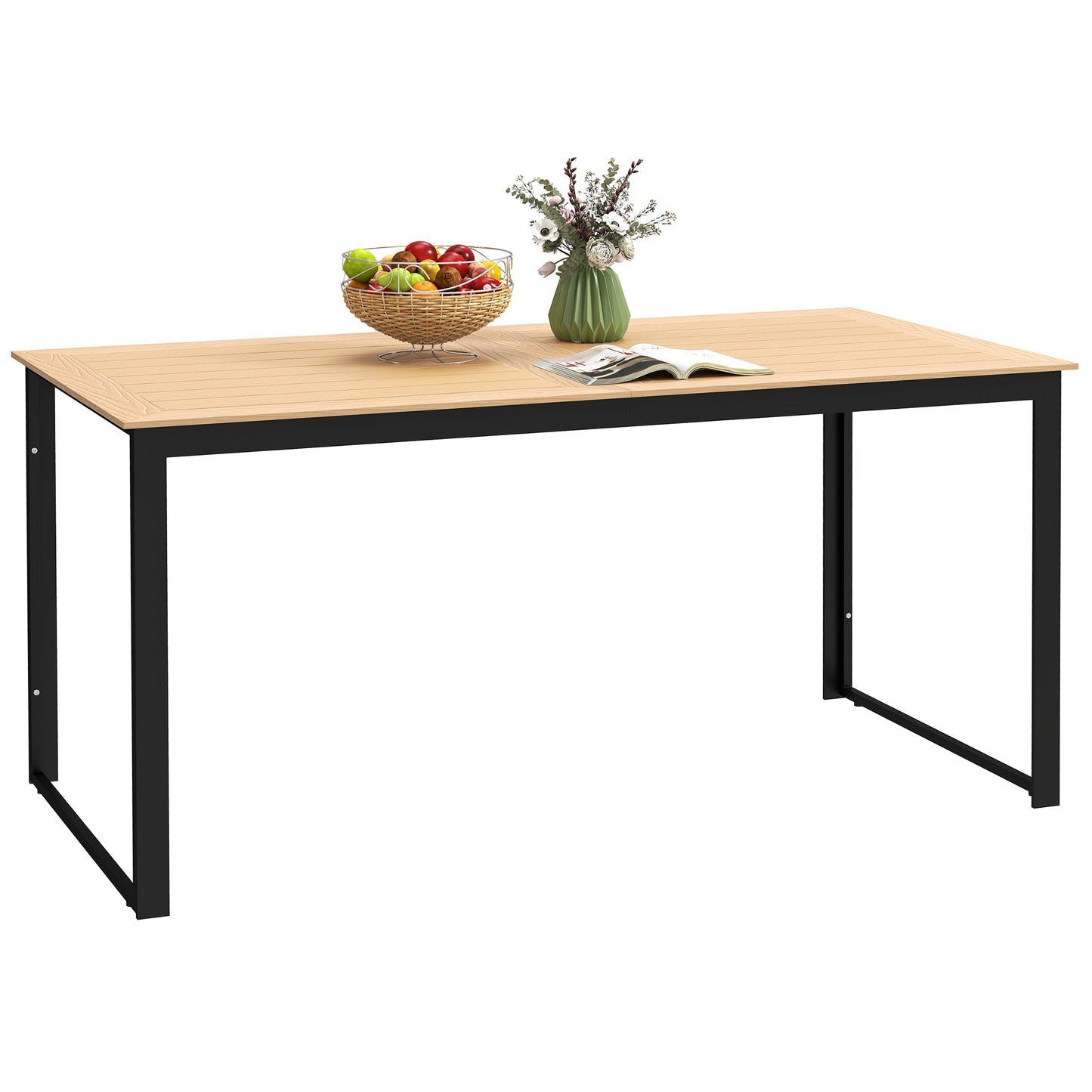 Outsunny Garden Table for 6 People, 160 x 80 x 75 cm Rectangle Outdoor Dining Table with Slatted Table Top, Metal Frame, for Balcony, Deck, Teak