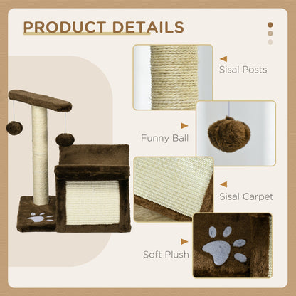 PawHut Cat Tree, Cat Tower for Kittens, Small Cat Condo with Rotatable Top Bar, Sisal Scratching Post, Tunnel, Dangling Balls - Brown
