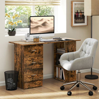 HOMCOM Computer Desk, Writing Table, PC Workstation with 3 Storage Shelves and Drawers, Silver Handle, for Home Office, Rustic Brown