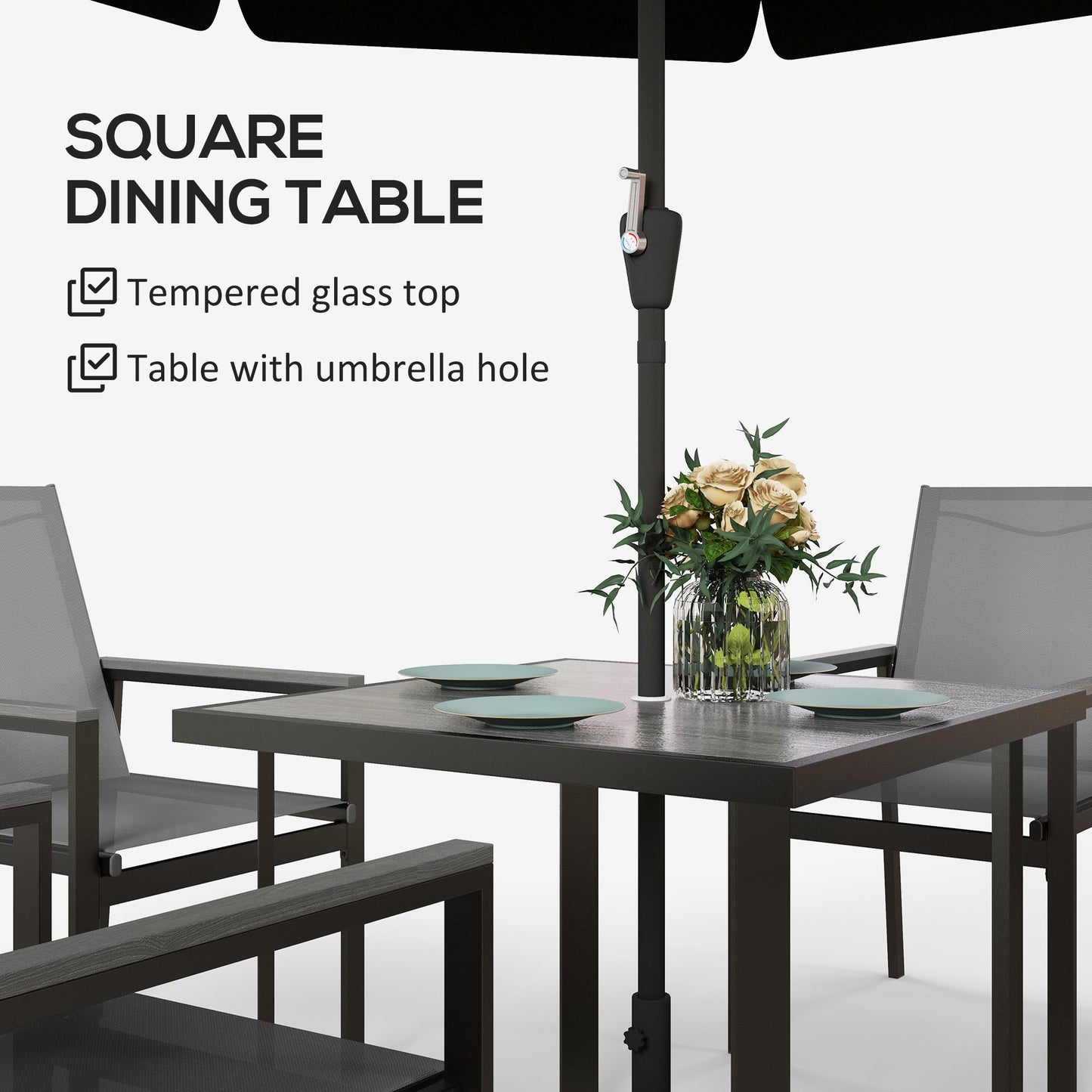 Outsunny Five-Piece Metal Dining Set, with Glass-Top Table - Grey